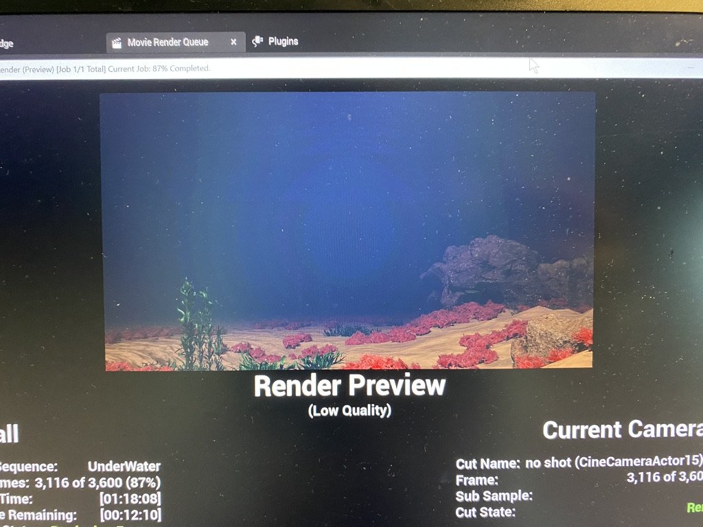 Unreal Engine Movie Render Queue rendering an underwater sequence at 87 percent
